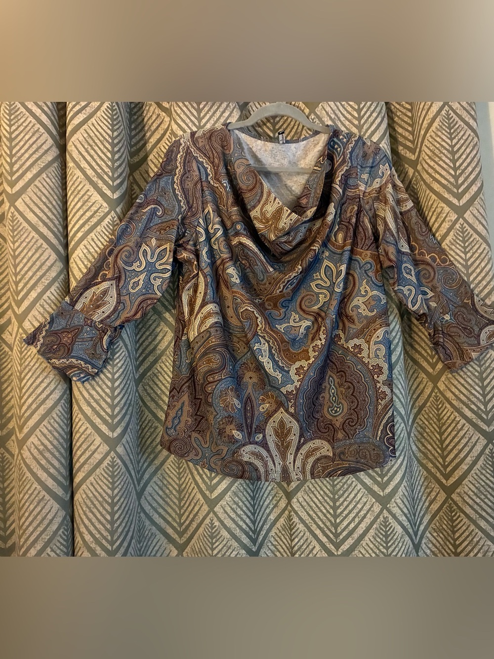 Tee Spoon Paisley Cowl Neck Blouse in Blue, Brown, Cream hues